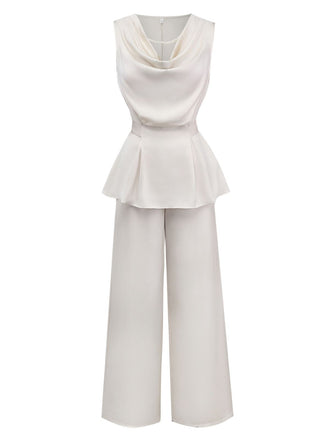 2PCS Beige 1950s Solid Sleeveless Cowl Neck Top & Pants