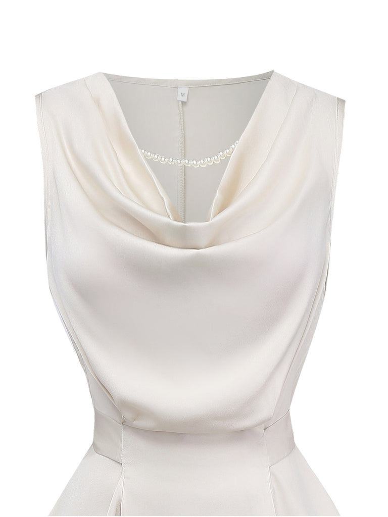 2PCS Beige 1950s Solid Sleeveless Cowl Neck Top & Pants