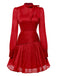Red 1960s Solid Ruched Tie Neck Long Sleeve Dress