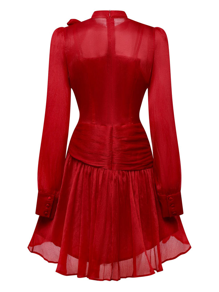 Red 1960s Solid Ruched Tie Neck Long Sleeve Dress