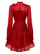 Red 1960s Solid Ruched Tie Neck Long Sleeve Dress