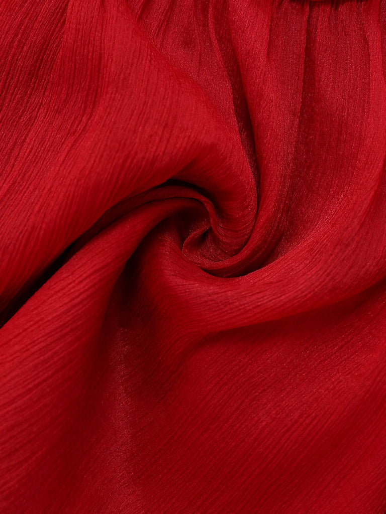 Red 1960s Solid Ruched Tie Neck Long Sleeve Dress