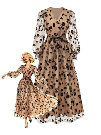Beige 1930s Flocked Floral Mesh V-Neck Dress