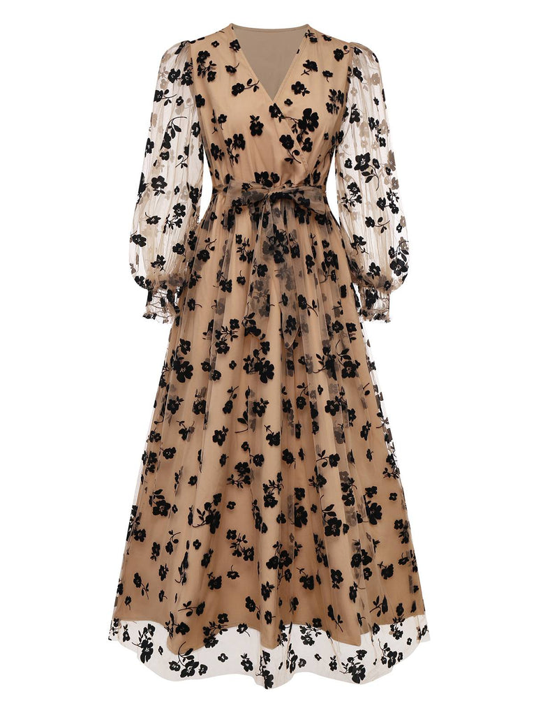 Beige 1930s Flocked Floral Mesh V-Neck Dress