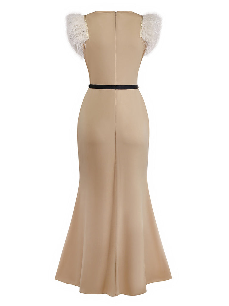 Beige 1930s Beaded & Feather Patchwork Mermaid Dress