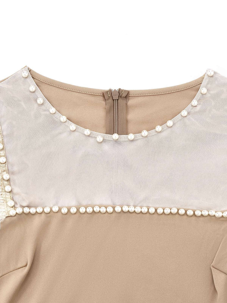 Beige 1930s Beaded & Feather Patchwork Mermaid Dress