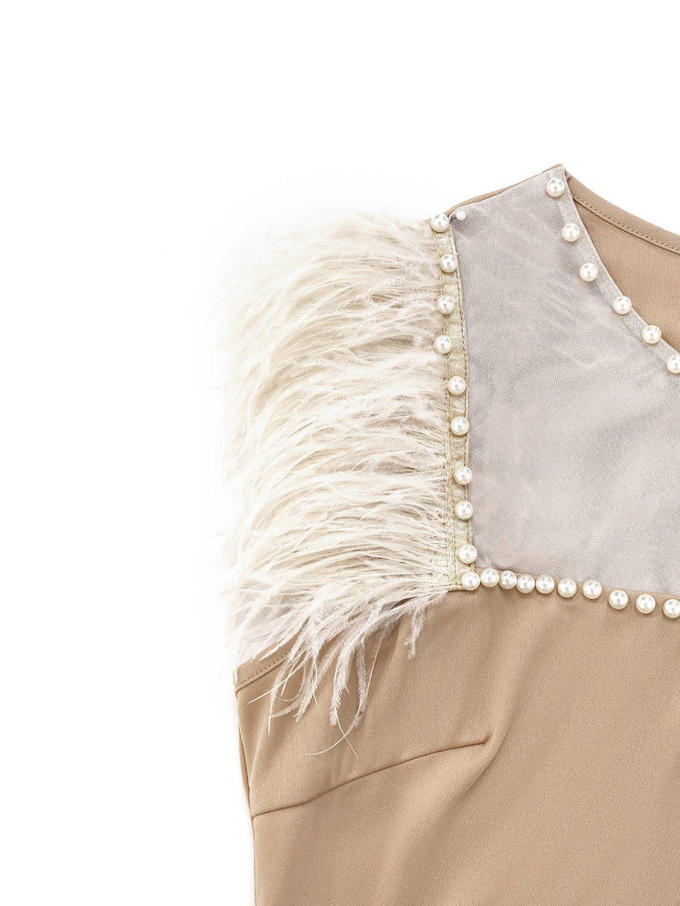 Beige 1930s Beaded & Feather Patchwork Mermaid Dress