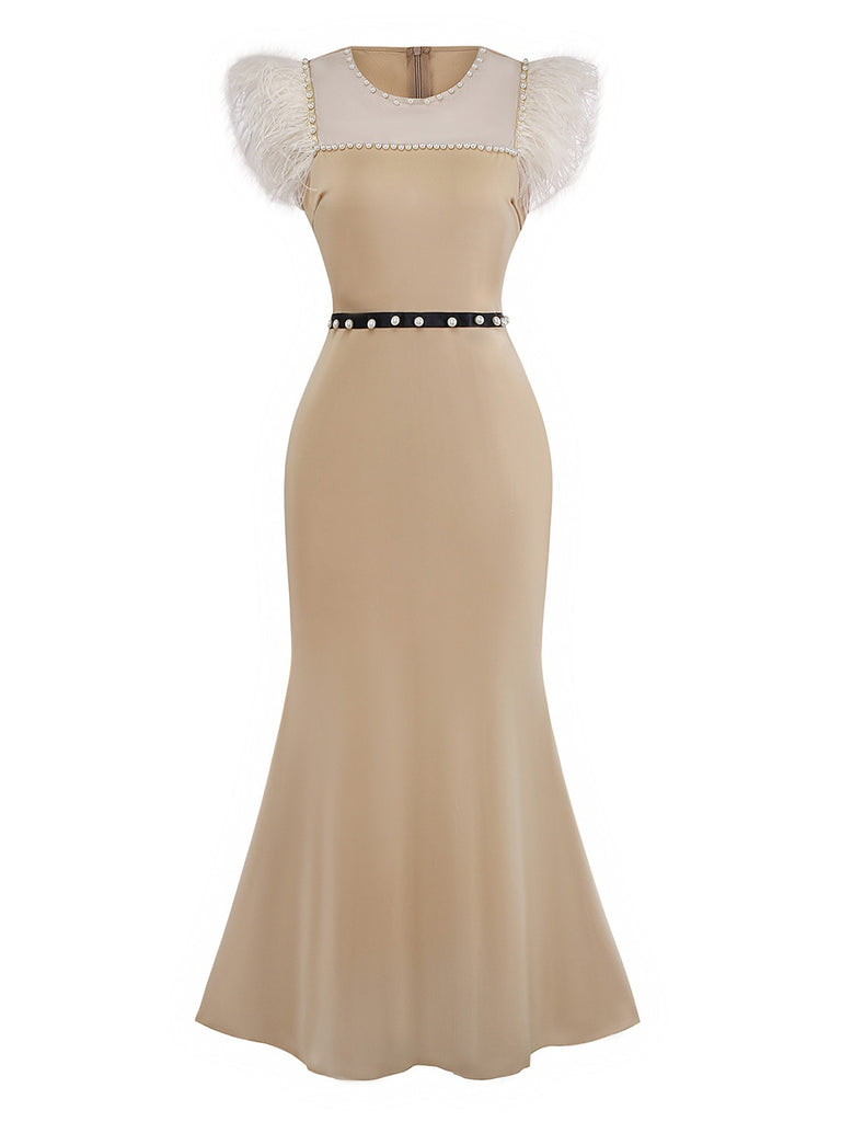 Beige 1930s Beaded & Feather Patchwork Mermaid Dress