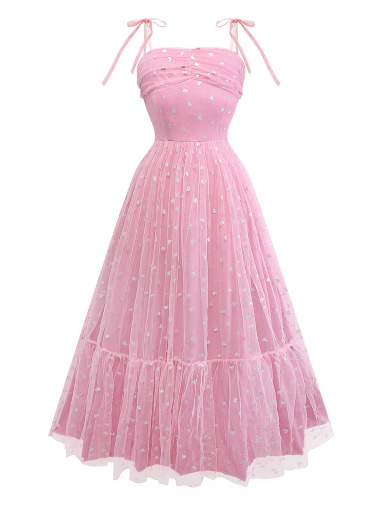 1930s Heart Silver Foil Tulle Spaghetti Strap Prom Dress