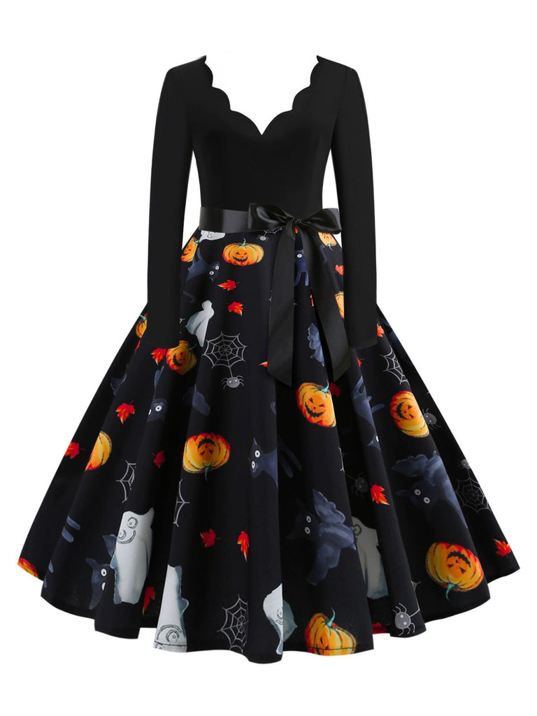 1950s Halloween Pumpkin Spiderweb Petal Neck Dress