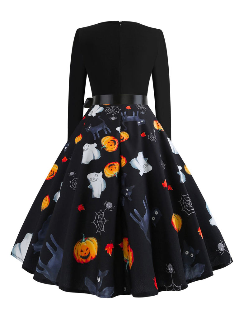 1950s Halloween Pumpkin Spiderweb Petal Neck Dress