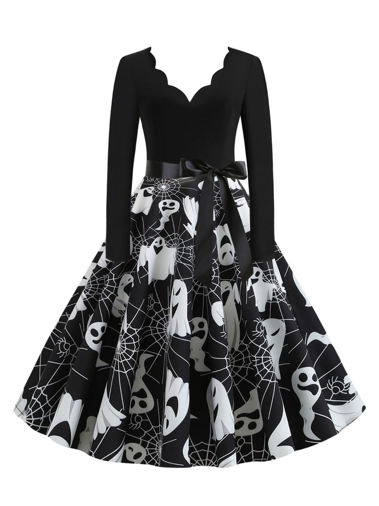 1950s Halloween Pumpkin Spiderweb Petal Neck Dress