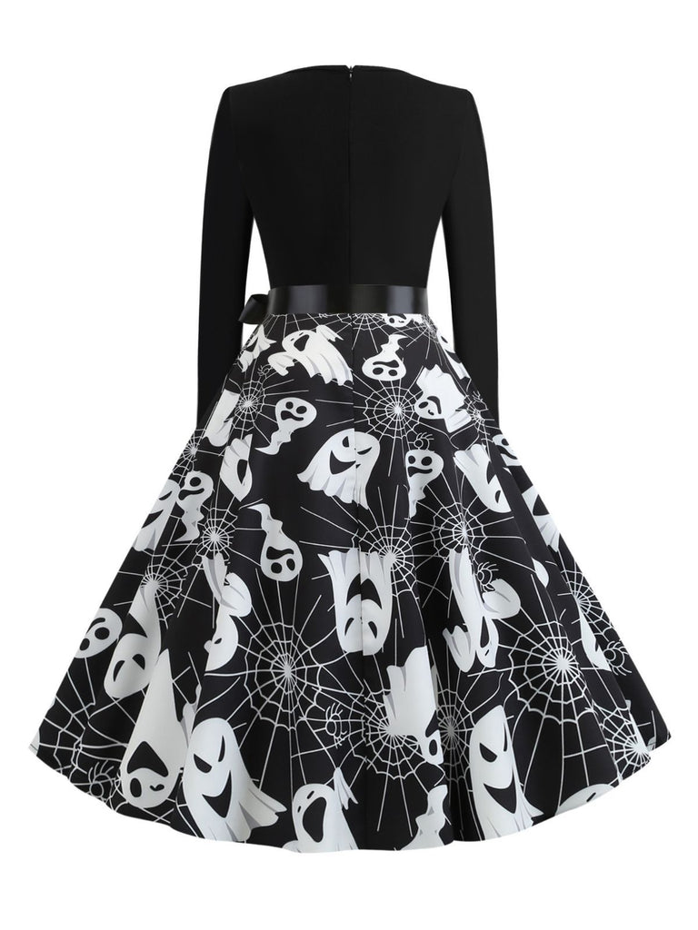 1950s Halloween Pumpkin Spiderweb Petal Neck Dress