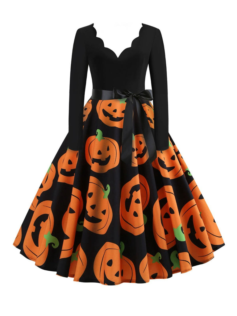 1950s Halloween Pumpkin Spiderweb Petal Neck Dress