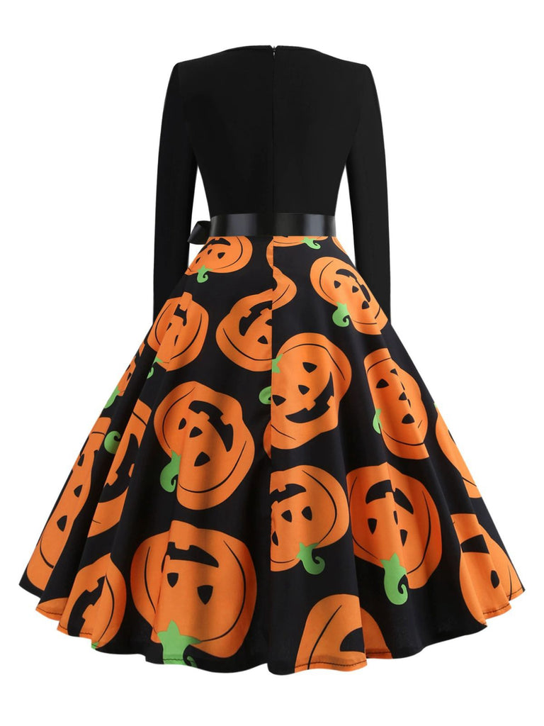 1950s Halloween Pumpkin Spiderweb Petal Neck Dress