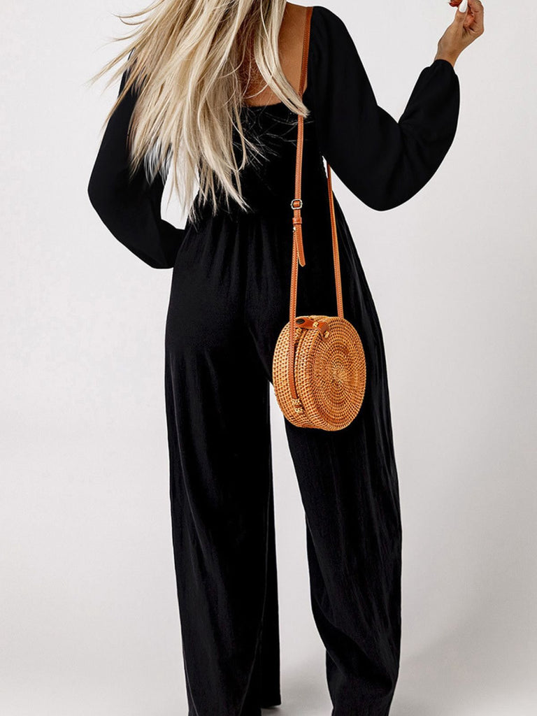 1950s Solid Square Neck Smocked Long Jumpsuit