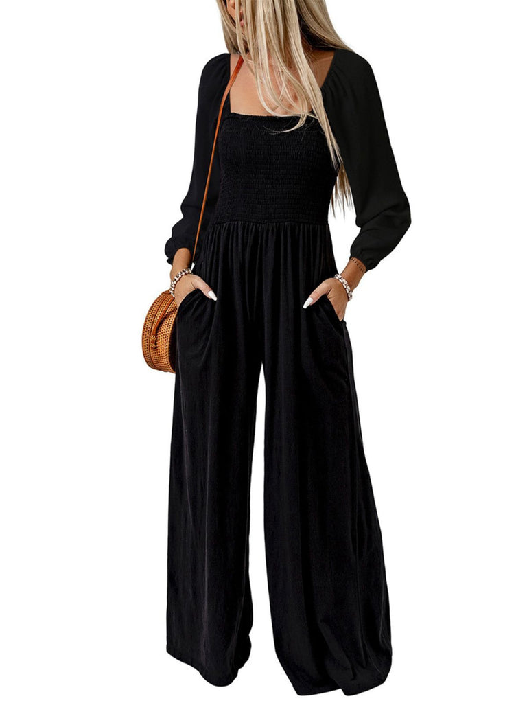 1950s Solid Square Neck Smocked Long Jumpsuit