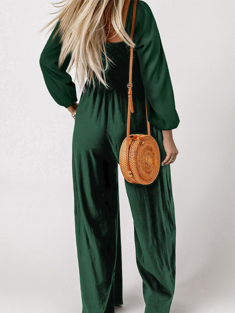 1950s Solid Square Neck Smocked Long Jumpsuit