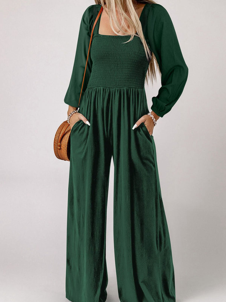1950s Solid Square Neck Smocked Long Jumpsuit