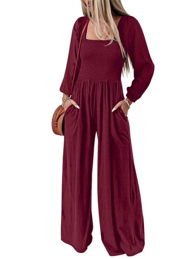 1950s Solid Square Neck Smocked Long Jumpsuit