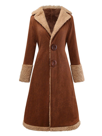 Brown 1950s Faux Suede Notched Collar Button Trench Coat