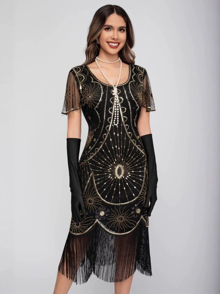 1920s Scoop Neck Sequin Fringe Flapper Dress