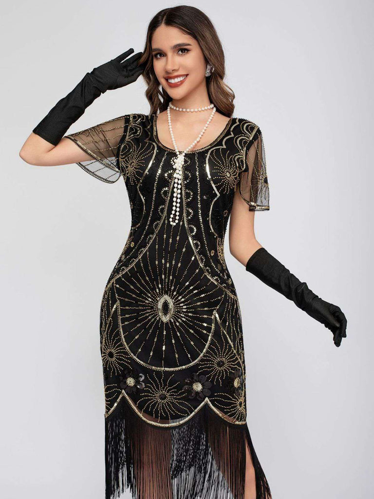 1920s Scoop Neck Sequin Fringe Flapper Dress