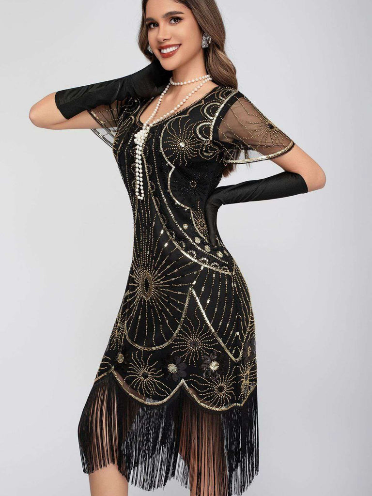 1920s Scoop Neck Sequin Fringe Flapper Dress