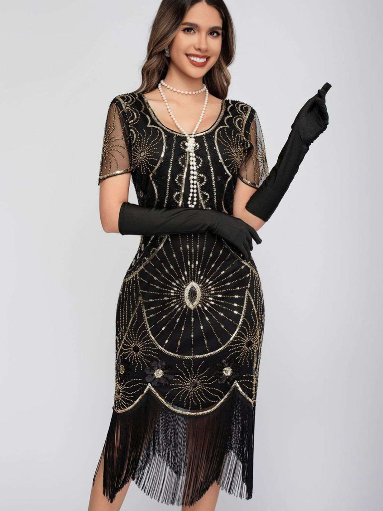 1920s Scoop Neck Sequin Fringe Flapper Dress