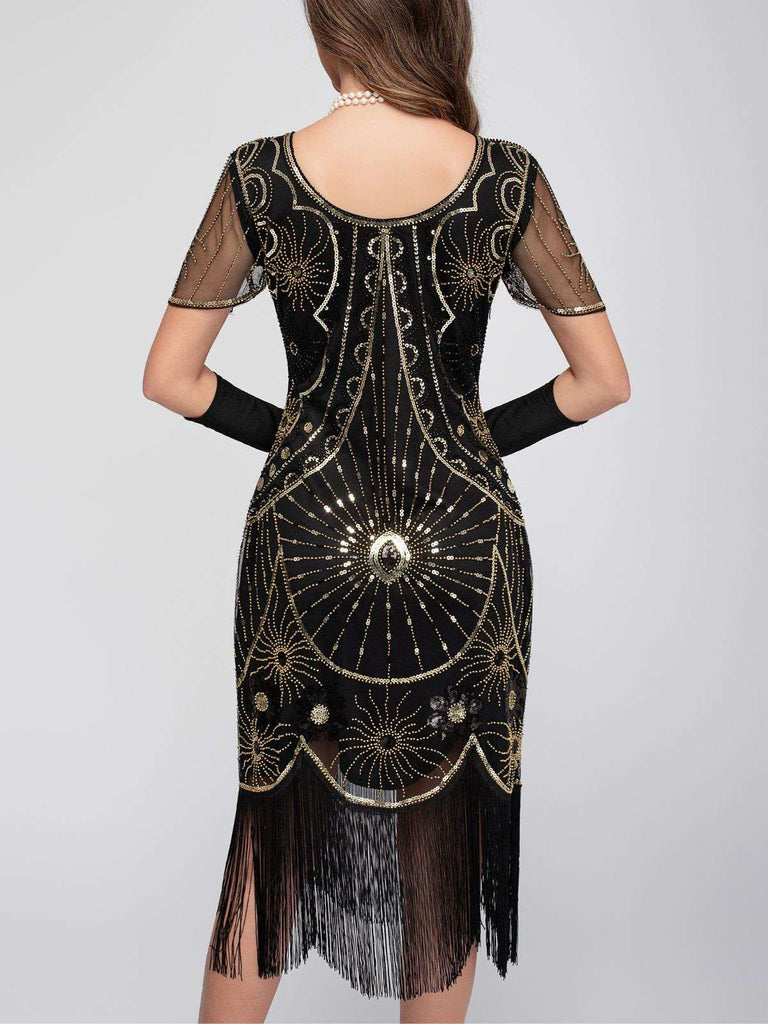 1920s Scoop Neck Sequin Fringe Flapper Dress