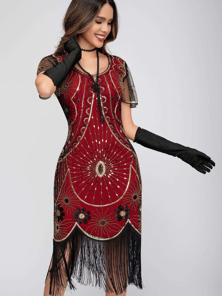 1920s Scoop Neck Sequin Fringe Flapper Dress