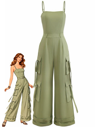1970s Solid Spaghetti Strap Cargo Style Wide-Leg Jumpsuit