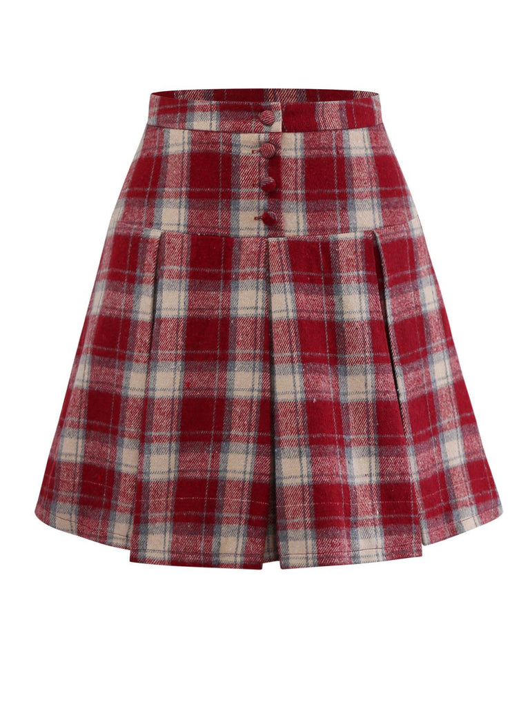 [Pre-Sale] Red 1960s Faux-Wool Plaid Button Pleated Skirt
