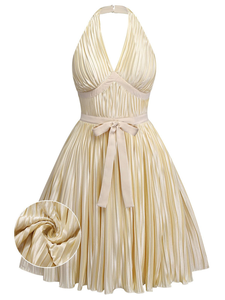 [Pre-Sale] [Plus Size] Champagne Gold 1940s Bow Halter Pleated Dress