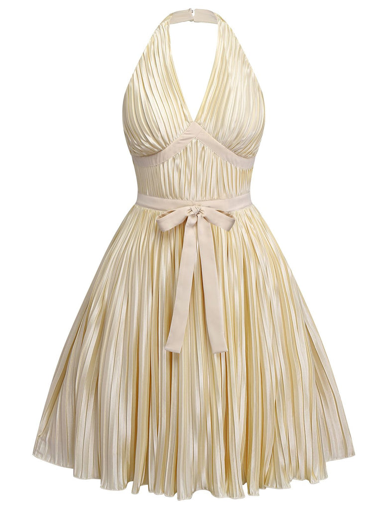 [Pre-Sale] [Plus Size] Champagne Gold 1940s Bow Halter Pleated Dress