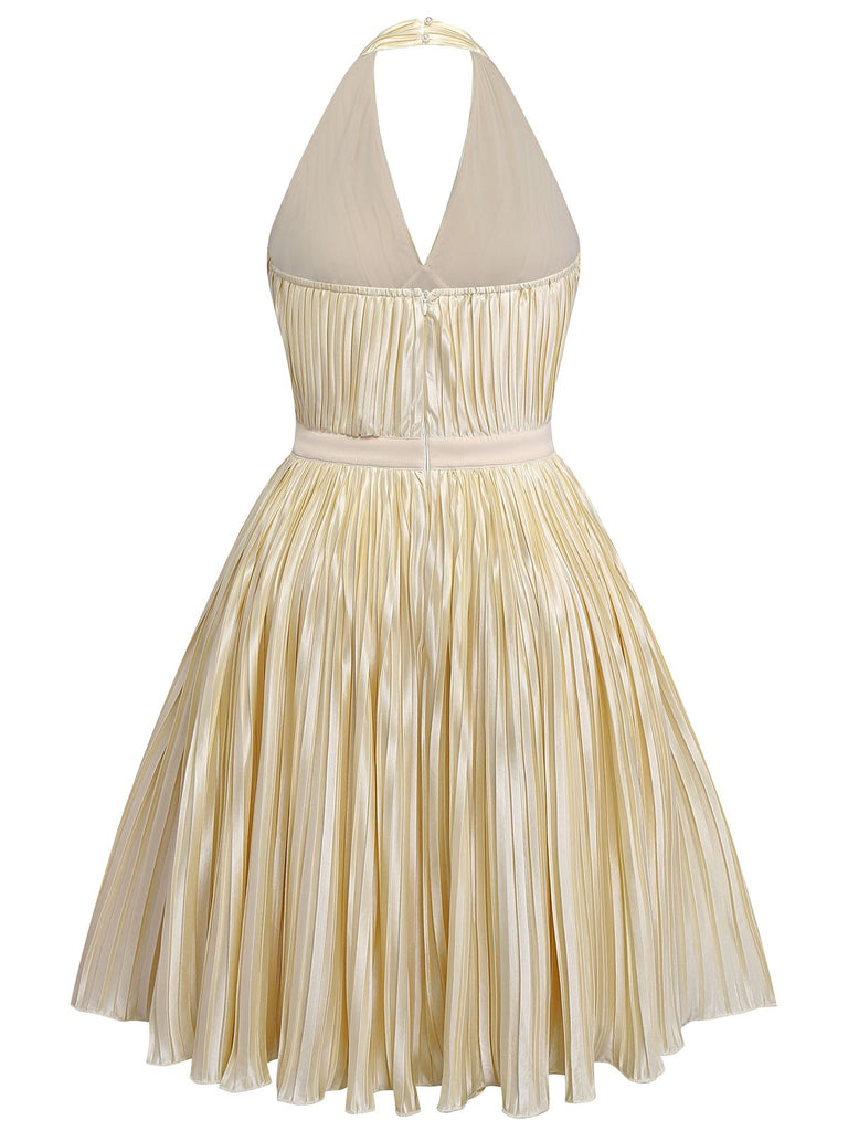 [Pre-Sale] [Plus Size] Champagne Gold 1940s Bow Halter Pleated Dress