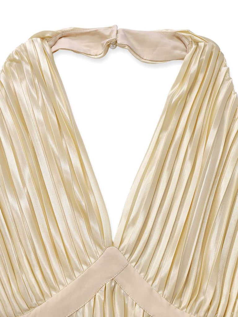 [Pre-Sale] [Plus Size] Champagne Gold 1940s Bow Halter Pleated Dress