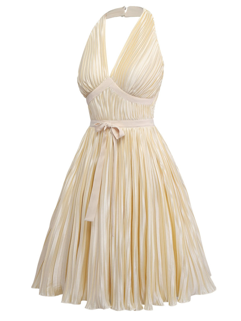[Pre-Sale] [Plus Size] Champagne Gold 1940s Bow Halter Pleated Dress
