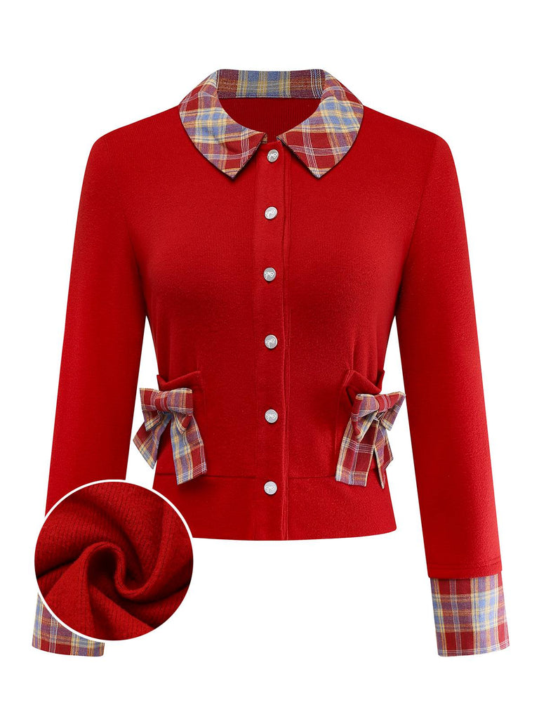 [Pre-Sale] Red 1970s Tartan Plaid Bowknot Knitted Cardigan