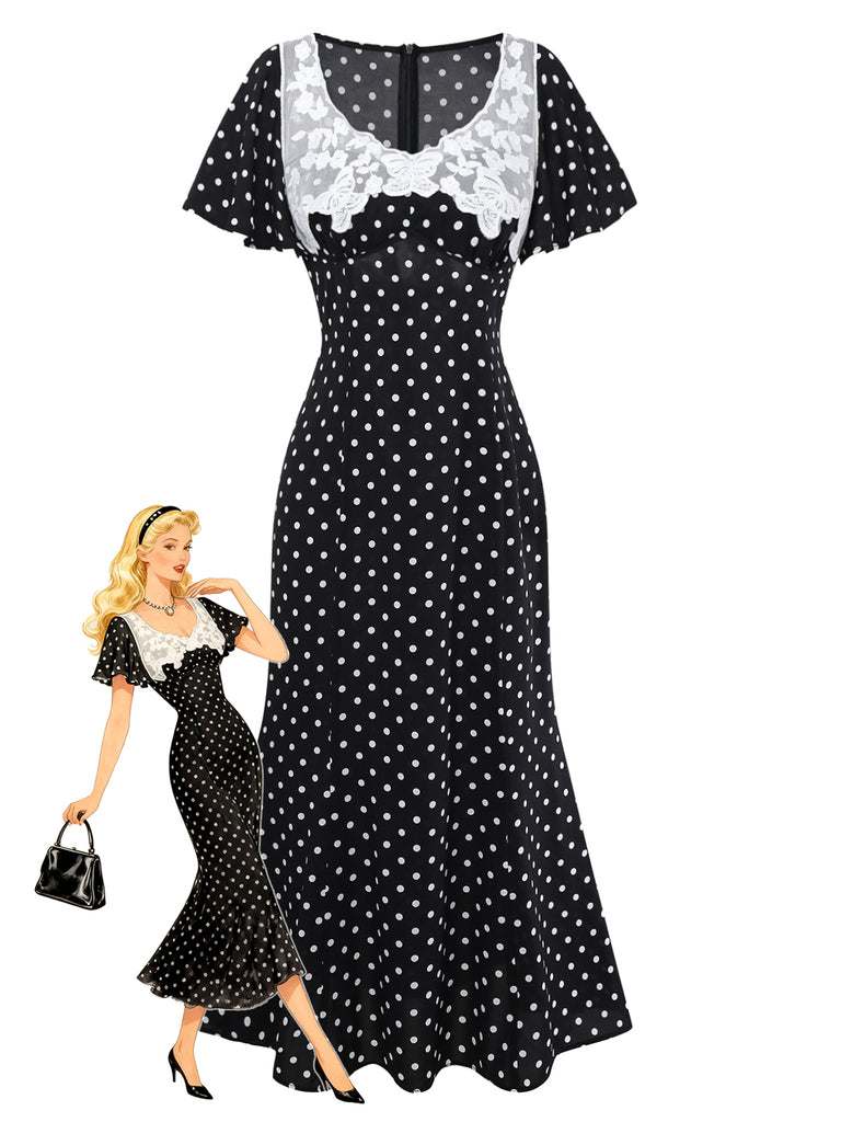 Black 1930s Lace Trim Polka Dot Dress