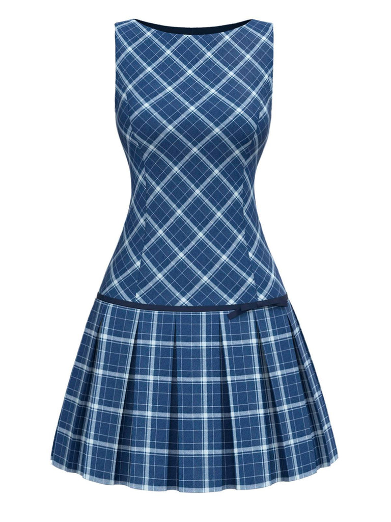 [Pre-Sale] Blue 1960s Tartan Bow Pleated Mod Dress