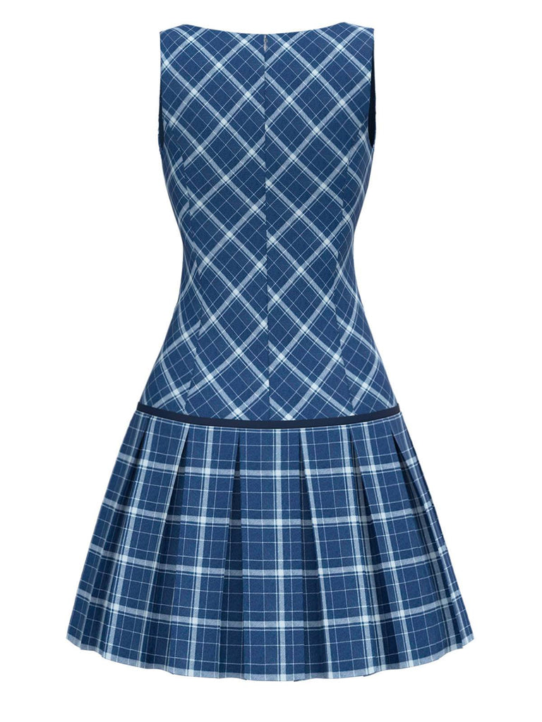 [Pre-Sale] Blue 1960s Tartan Bow Pleated Mod Dress