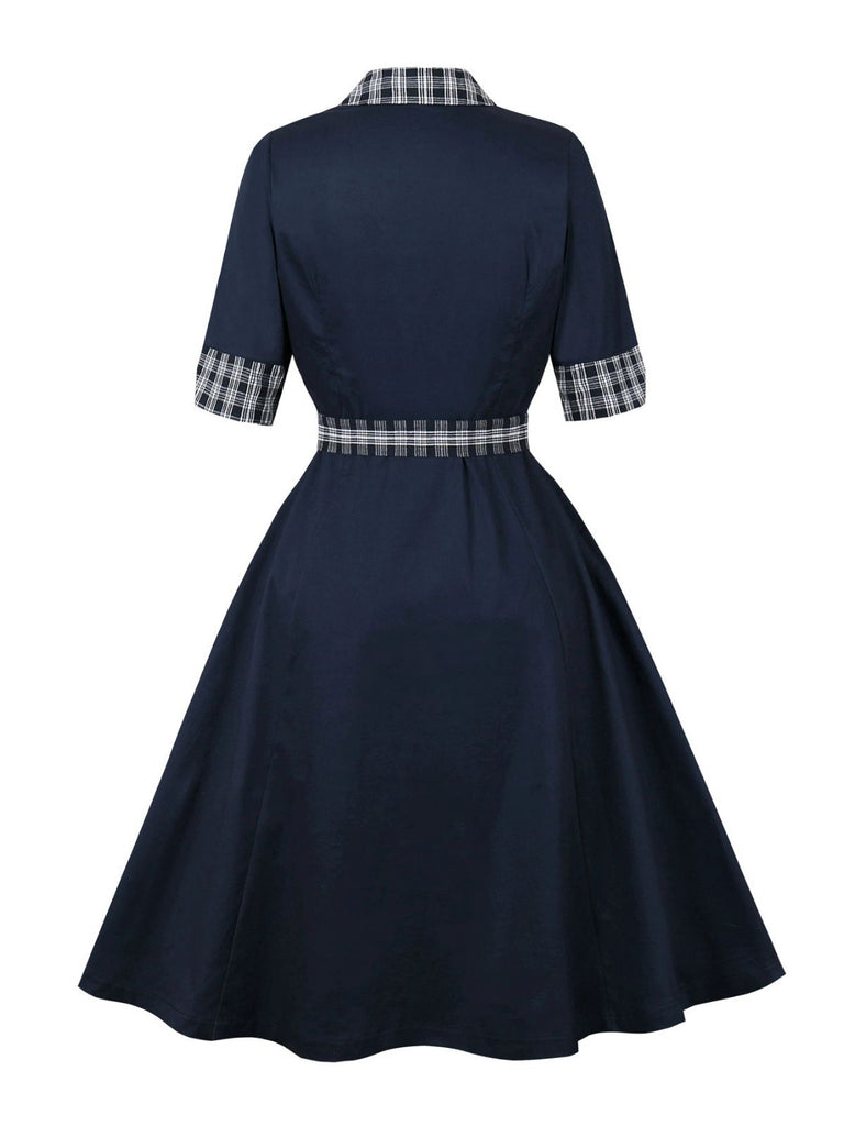 Blue 1950s Double Breasted Plaid Lapel Belted Dress