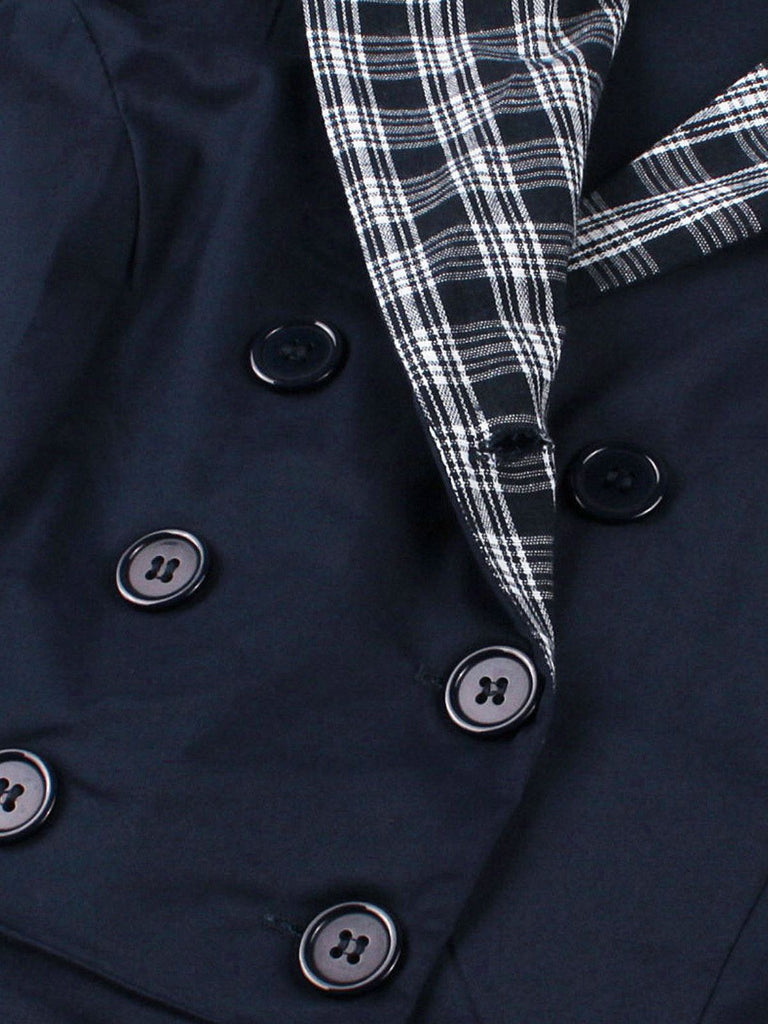 Blue 1950s Double Breasted Plaid Lapel Belted Dress