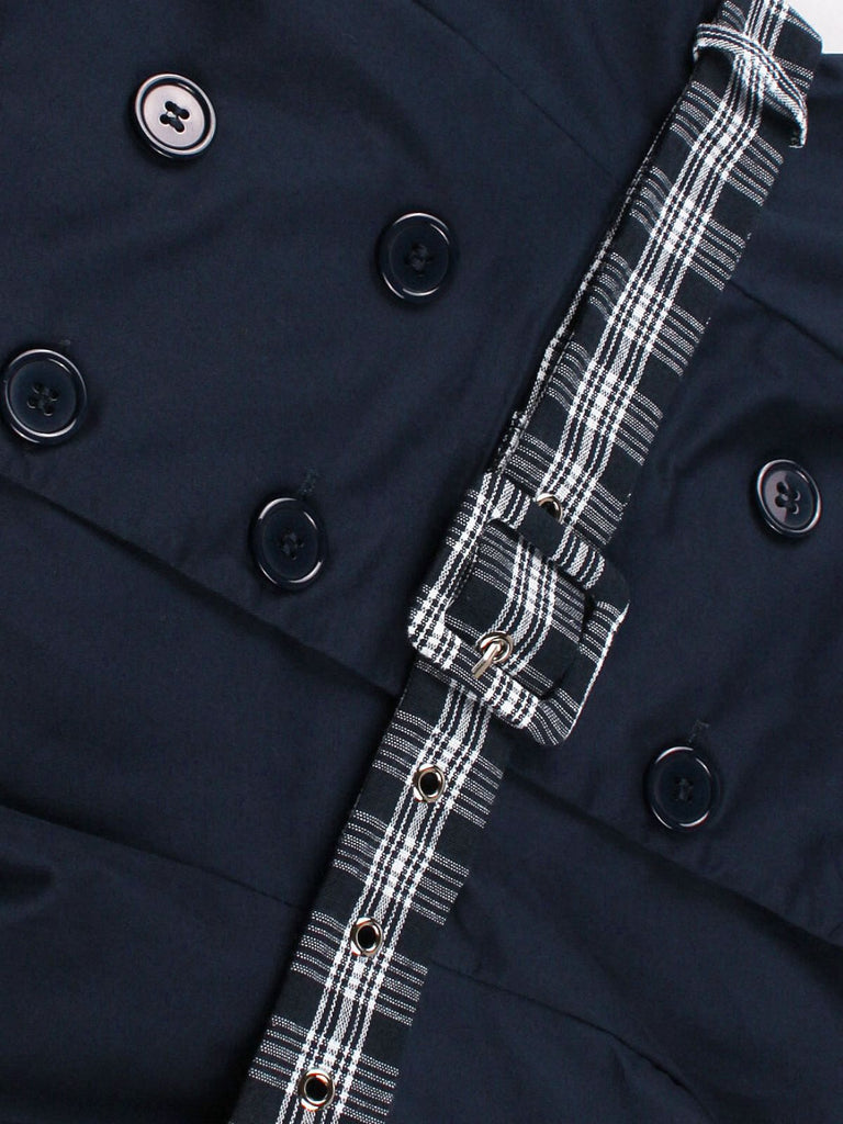 Blue 1950s Double Breasted Plaid Lapel Belted Dress