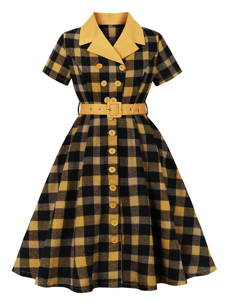 1950s Gingham Plaid Button Lapel Belted Dress