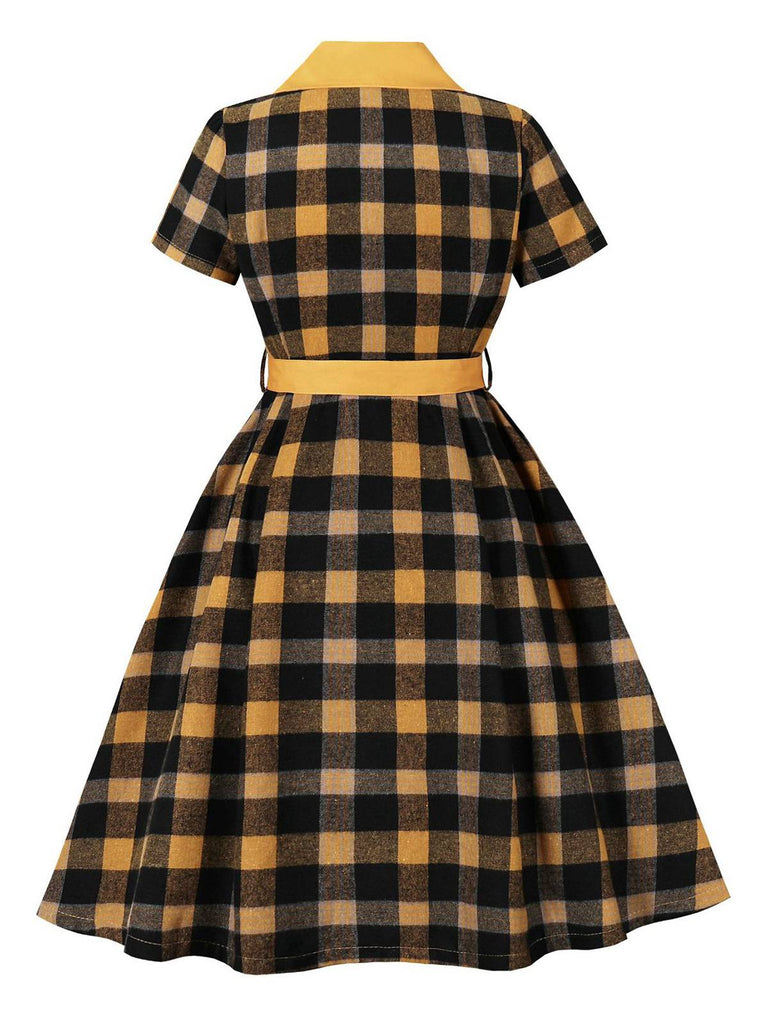 1950s Gingham Plaid Button Lapel Belted Dress