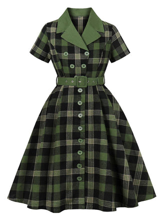 1950s Gingham Plaid Button Lapel Belted Dress