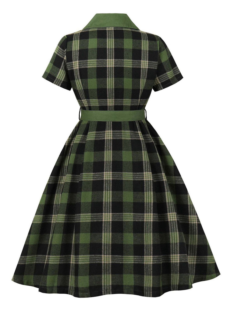 1950s Gingham Plaid Button Lapel Belted Dress
