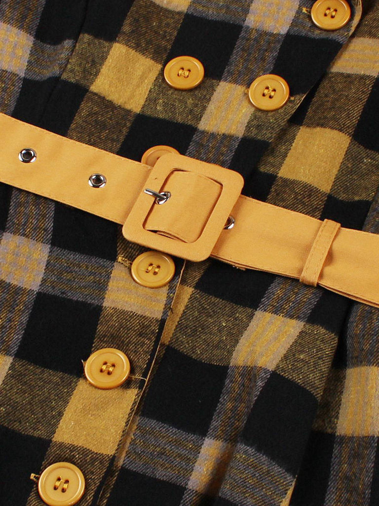 1950s Gingham Plaid Button Lapel Belted Dress